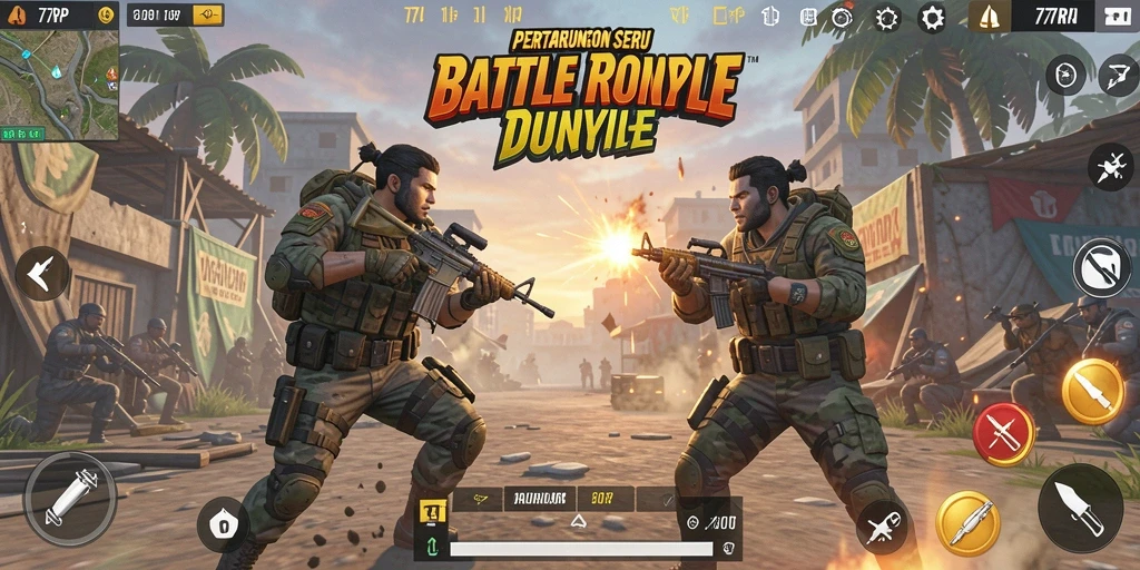 Tangkapan layar gameplay 77RP dengan aksi pertempuran Battle Royale yang mendebarkan.