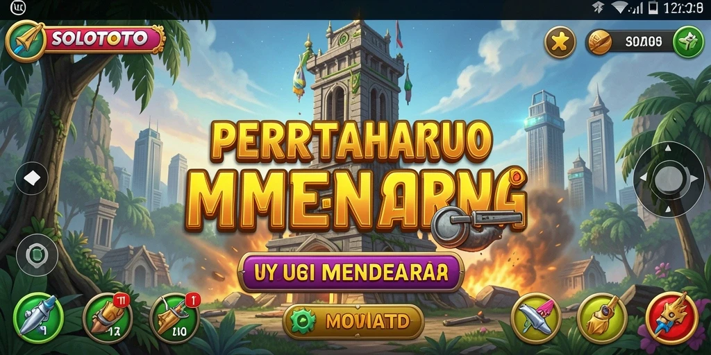 Screenshot gameplay menunjukkan aksi menara bertahan di SOLOTOTO.